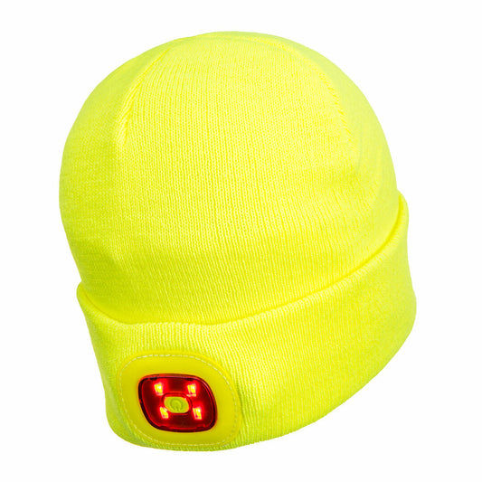 LED beanie muts met voor en achterlamp voor 360 graden zichtbaarheid in kleur geel