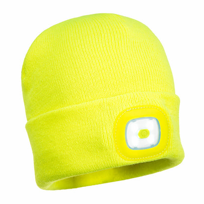 LED beanie muts met voor en achterlamp voor 360 graden zichtbaarheid in kleur geel