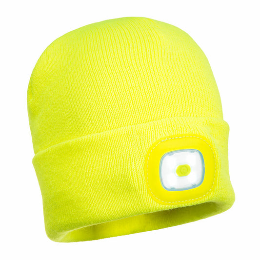 LED beanie muts met voor en achterlamp voor 360 graden zichtbaarheid in kleur geel