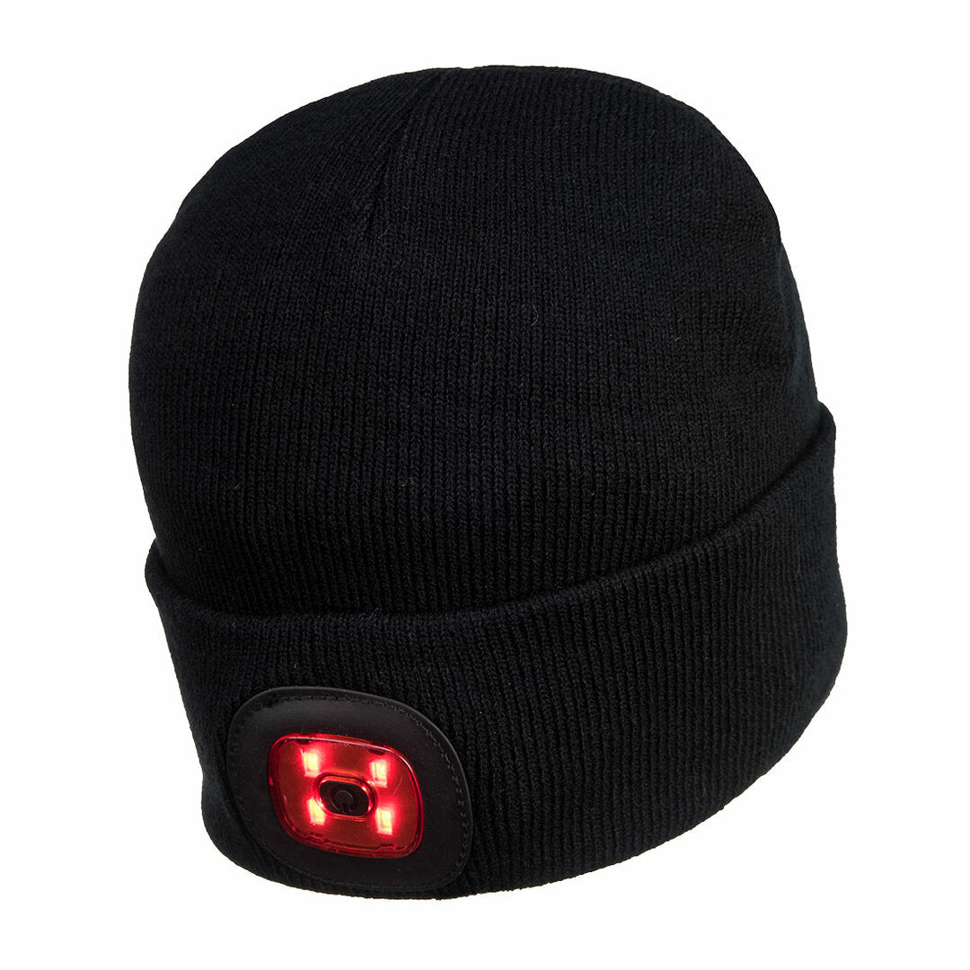 LED beanie muts met voor en achterlamp voor 360 graden zichtbaarheid in kleur zwart
