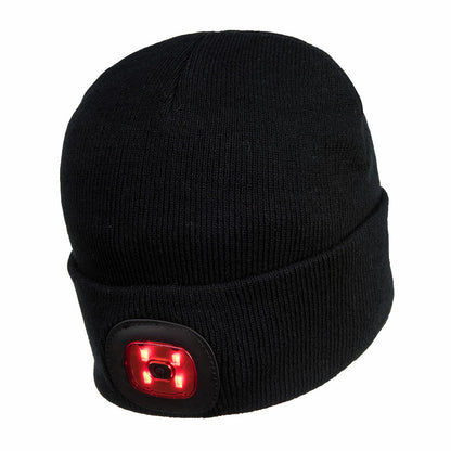 LED beanie muts met voor en achterlamp voor 360 graden zichtbaarheid in kleur zwart