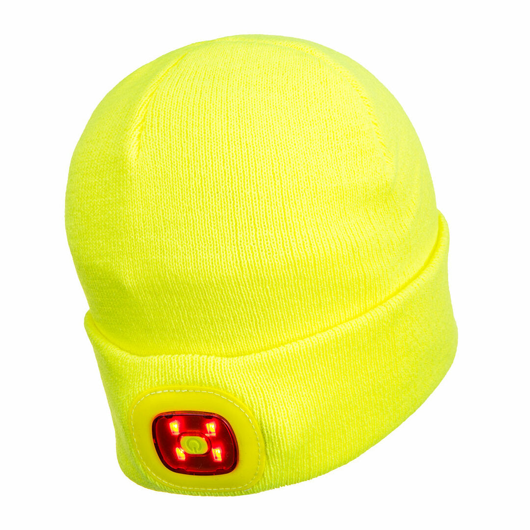 LED beanie muts met voor en achterlamp voor 360 graden zichtbaarheid in kleur geel