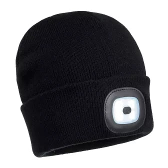 LED beanie muts met voor en achterlamp voor 360 graden zichtbaarheid in kleur zwart